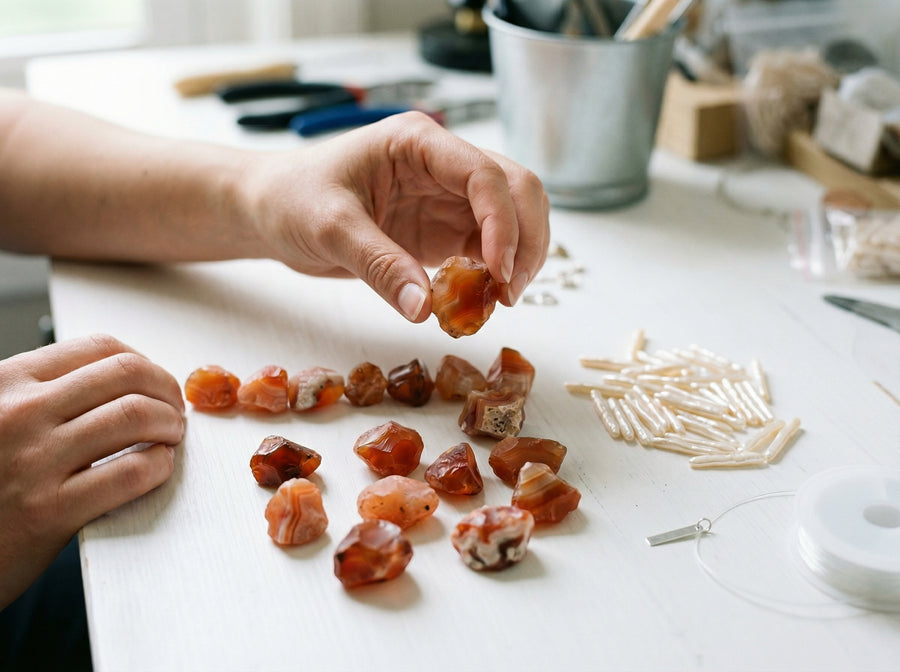 Hands selecting natural gemstones one at a time at the Kinsoul Energy California studio