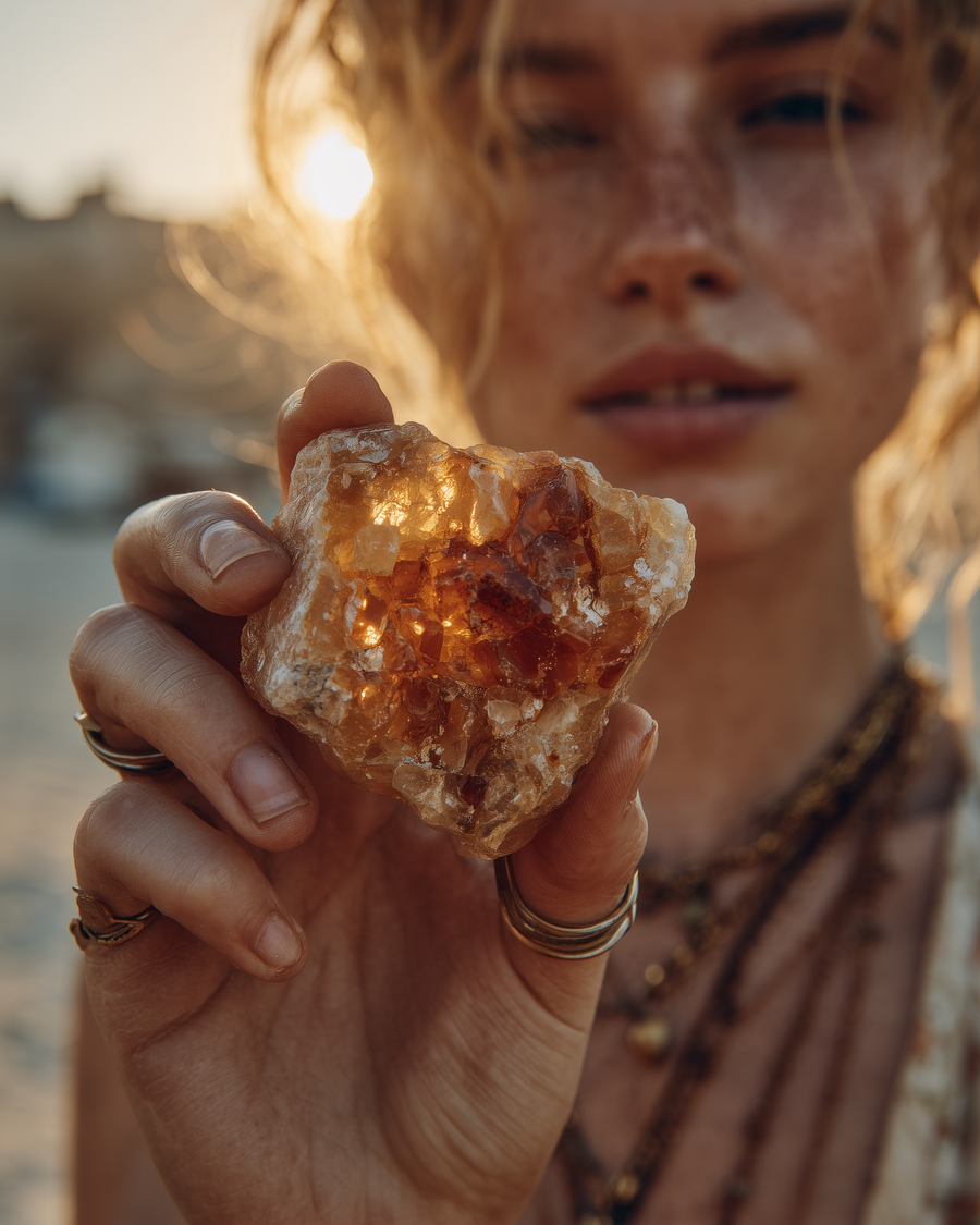 LU holding the natural stone she found in China that became Kinsoul Energy's origin story