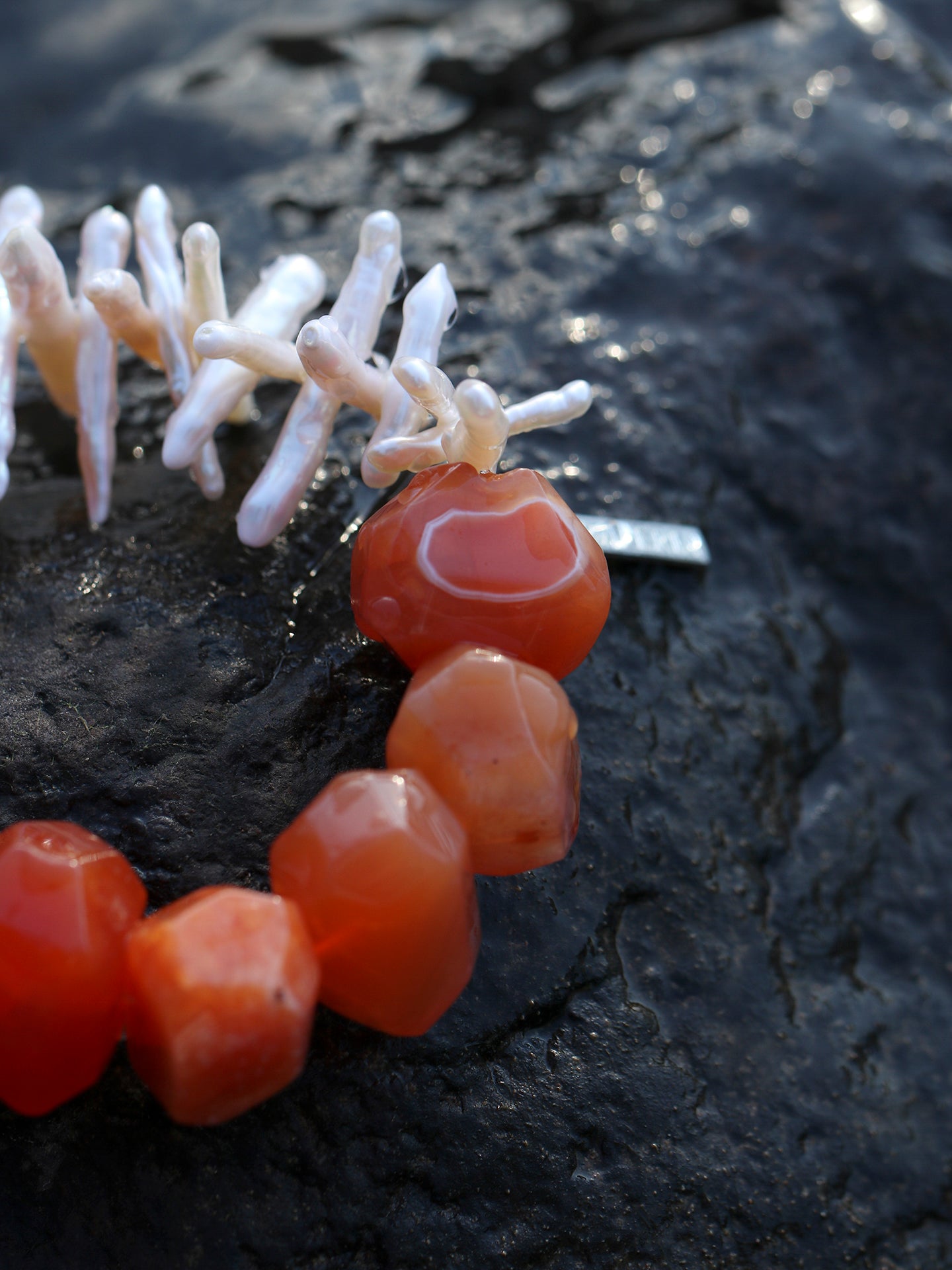 Ember | Red Agate & Pearl Silver Bar Bracelet