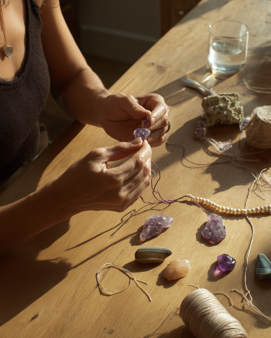 LU at her work table designing the first Kinsoul Energy bracelet collection