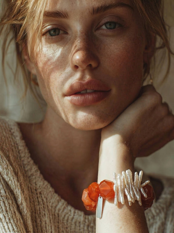 Ember | Red Agate & Pearl Silver Bar Bracelet