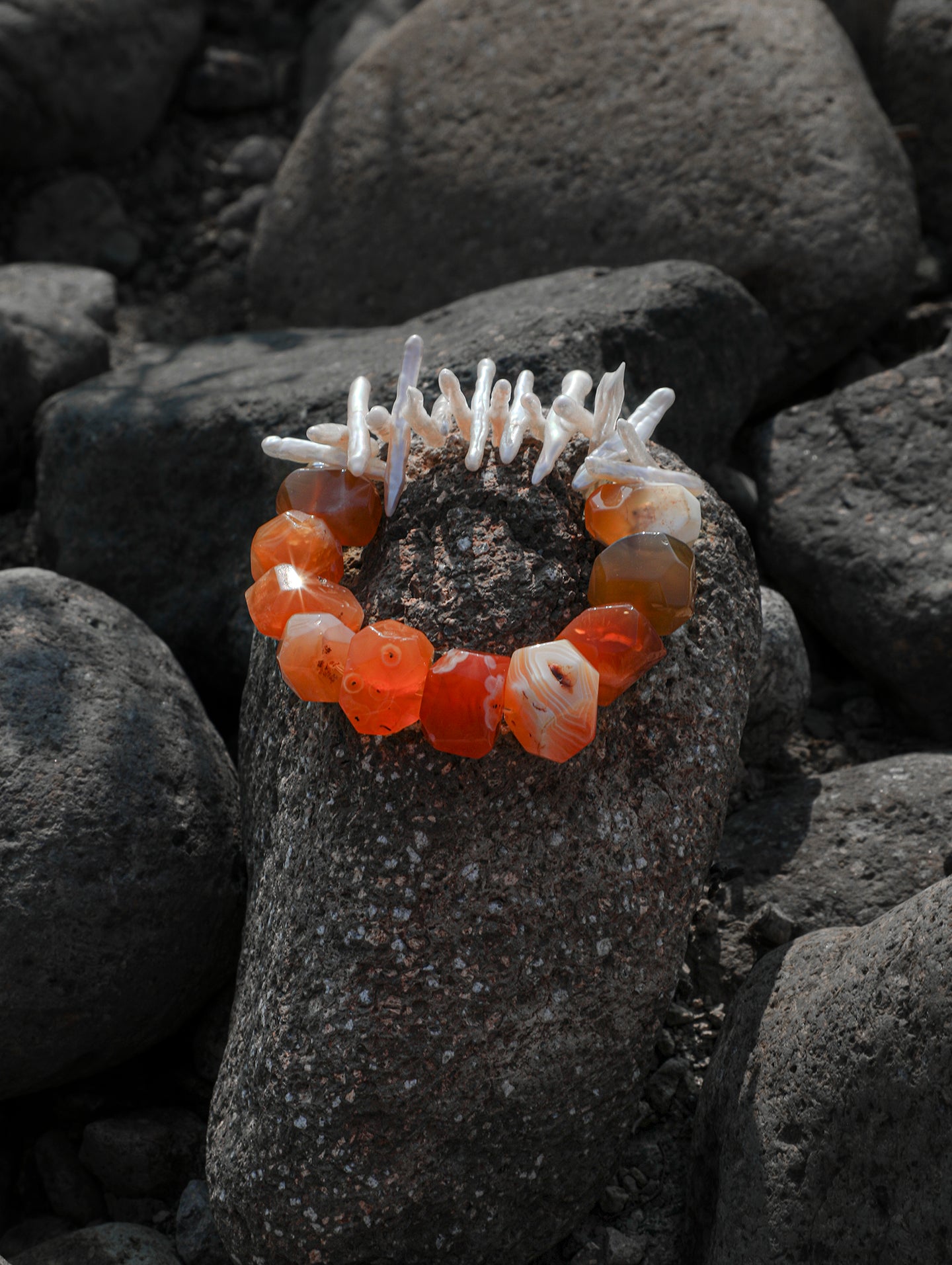 Ember | Red Agate & Pearl Silver Bar Bracelet