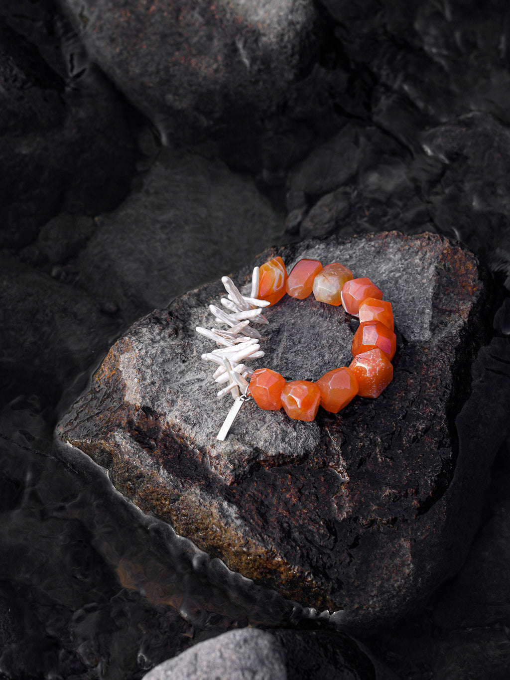 Ember | Red Agate & Pearl Silver Bar Bracelet