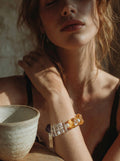 Soleil bracelet front view — citrine, clear quartz tips, and amethyst rounds