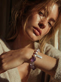 Serenity bracelet front view — freeform amethyst with freshwater spiral pearls
