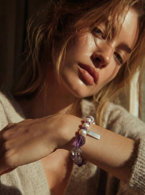 Serenity bracelet front view — freeform amethyst with freshwater spiral pearls
