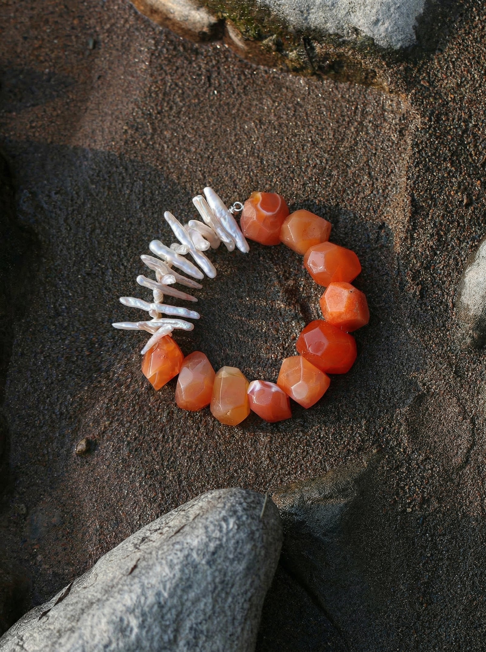 Ember | Red Agate & Pearl Silver Bar Bracelet